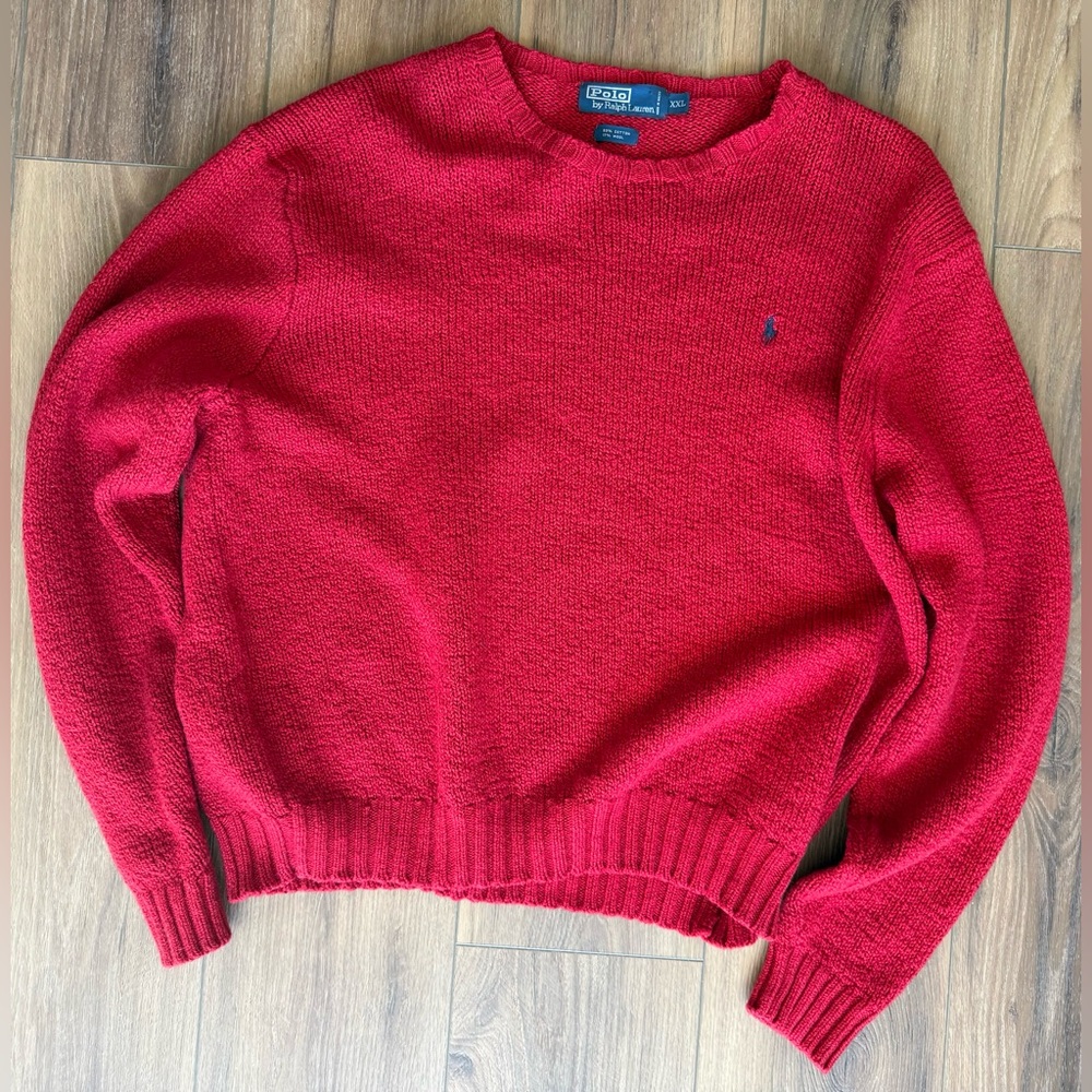 Vintage Polo Ralph Lauren Red Knit Crewneck Sweater Mens XXL Cotton Wool Blend